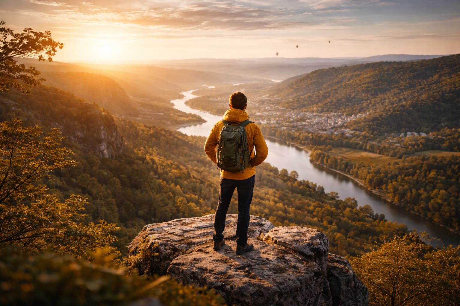 Man on top of a mountain over looking a canyon and river and town.