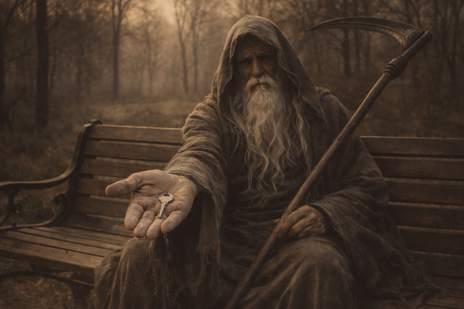 Father time sitting on a bench, holding a house key.