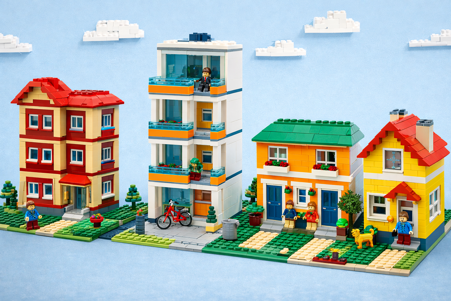 legos buildings of different types of homes including duplex, condo, single family home.