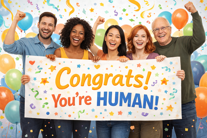 People holding a sign that says 'Congrats!, You're HUMAN!"