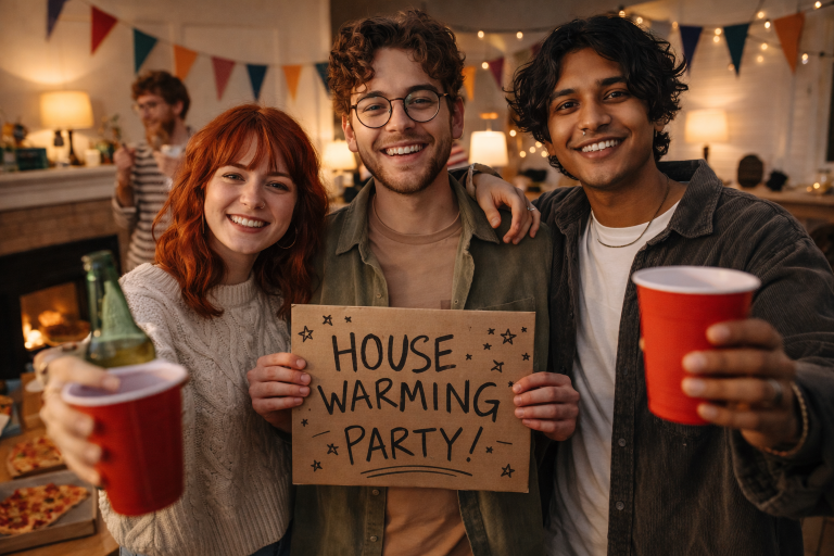 You Gen Z, two men and one women, holding red solo cups and a housing warming party sign.