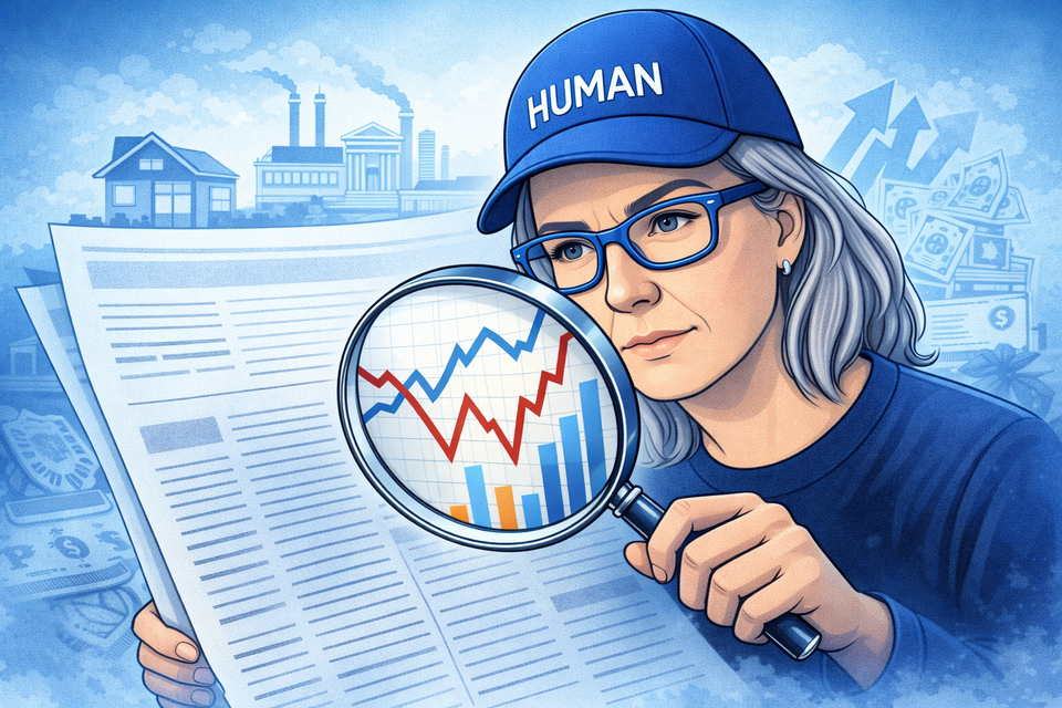 Illustration of a person reading a newspaper labeled “news,” representing economic analysis and macroeconomic context.