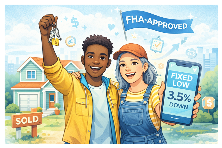 Illustration of Gen Z first-time homebuyers reviewing a starter home and loan options, representing FHA financing and entry-level homeownership.