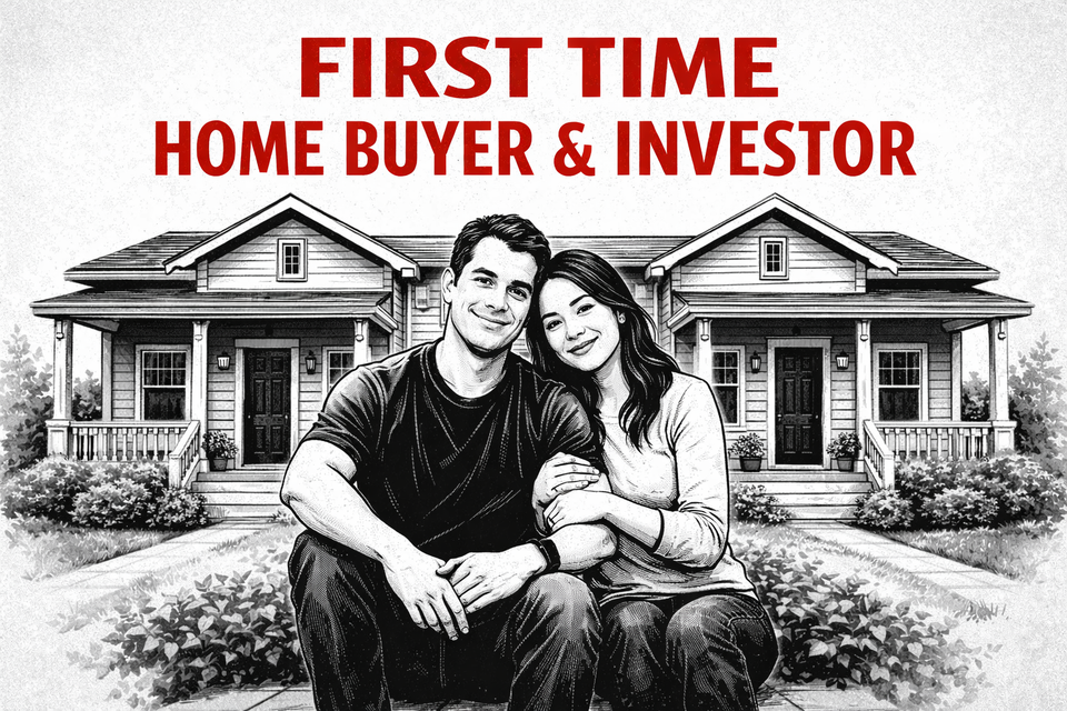 Young couple sitting in front of a Duplex showing a first time home buyer can buy an investment property.