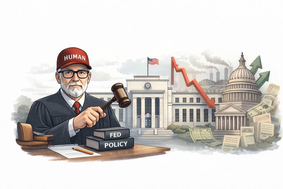 Illustration of a judge symbolizing Federal Reserve and government policy, holding a gavel in front of the Federal Reserve and U.S. Capitol buildings