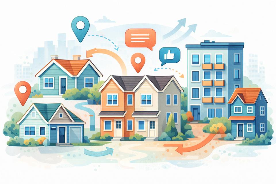 Illustration of different housing types including a single-family home, duplex, apartment building, and townhouse connected in a modern neighborhood