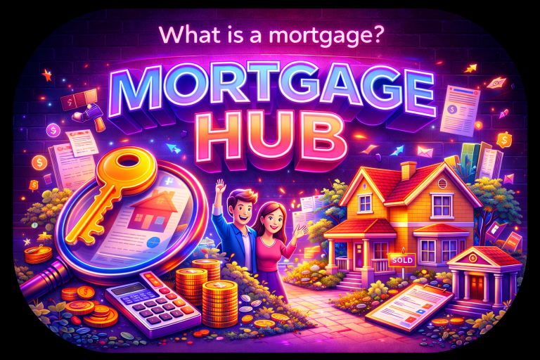 Collage of mortgage related items, a key, a house, a calculator, money, people, etc.